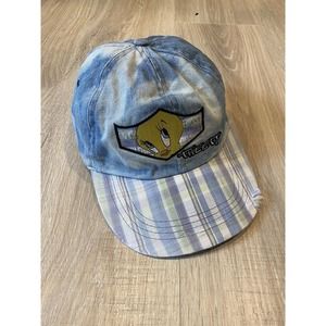 Vintage Looney Tunes Tweety Bird Denim Classic Hat Cap 90s Embroidered Plaid